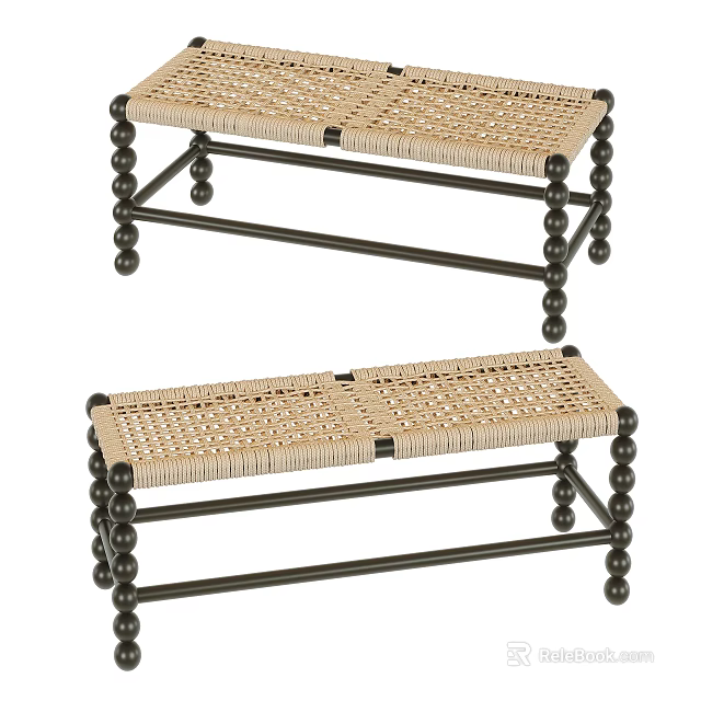 Public Chair Featuring Wicker Weave Seat And Black Metal Ball Legs Design 3d model 