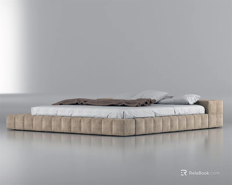 Modern Beige Upholstered Double Bed With Platform Design Linen Sheets And Plush Pillows 3d model