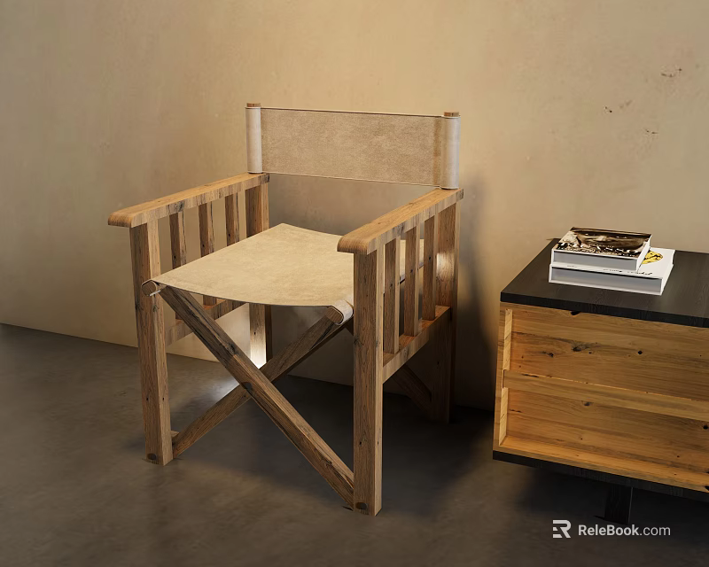 Minimalist Leisure Chair with Wooden Frame Linen Seat and Side Cabinet with Books 3d model 