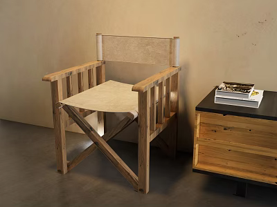 Minimalist Leisure Chair with Wooden Frame Linen Seat and Side Cabinet with Books 3d model