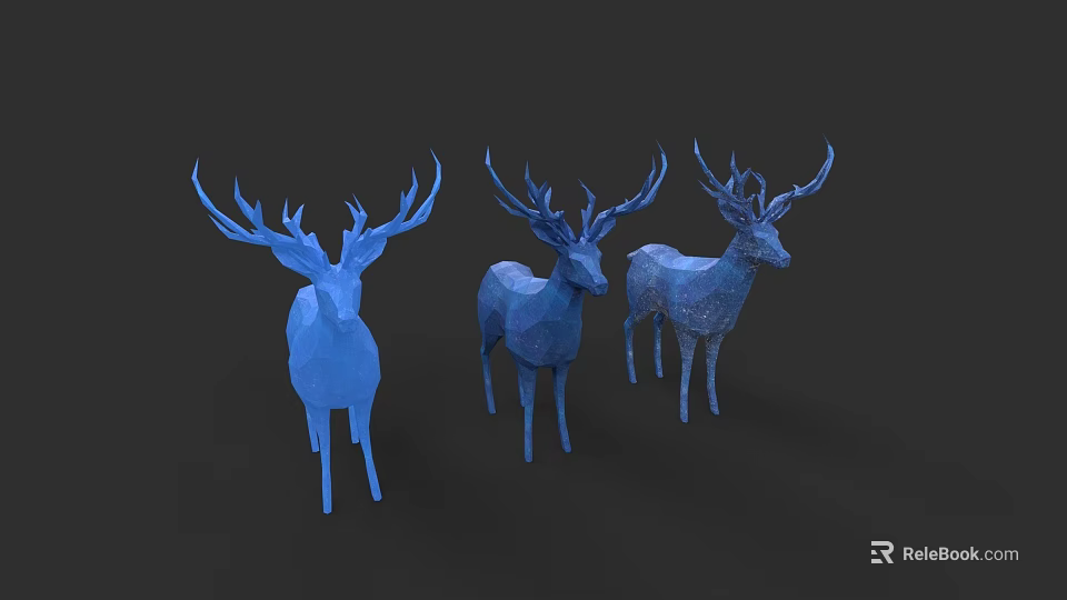 Three Blue Deer Sculptures With Geometric Low Poly Design And Artistic Details 3d model 