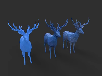 Three Blue Deer Sculptures With Geometric Low Poly Design And Artistic Details 3d model
