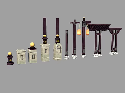 Outdoor Garden Ornaments Featuring Stone Pillars Wooden Lanterns and Decorative Arches 3d model