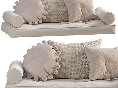 Soft Textured Linen Pillows With Pom Pom Details And Cylindrical Accent Cushions 3d model