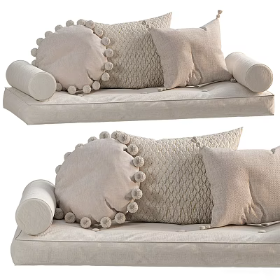 Soft Textured Linen Pillows With Pom Pom Details And Cylindrical Accent Cushions 3d model