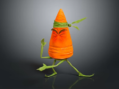 Game Movie Character Carrot Shaped With Green Headband Limbs And Angry Expression In Walking Pose 3d model