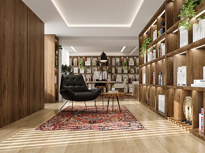 Cozy Lounge Room Interior With Wooden Bookshelves Green Plants Comfortable Black Armchair And Area Rug 3d model