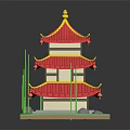 Chinese Traditional Pagoda with Multiple Stories Red Roof Yellow Decorations Green Pillars and Red Lanterns