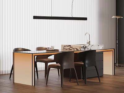 Modern Kitchen Island With Marble Counter Dining Chairs Pendant Light And Wooden Floor 3d model