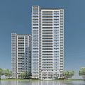 Modern High Rise Residential Buildings With Green Lawn Trees And Pond