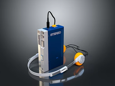 Portable Study CD Player Electronic Device with Blue Body and Yellow Headphones 3d model