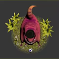 Pink Creature With Top Hat Sharp Teeth And Small Teapot Near Plants 3d model