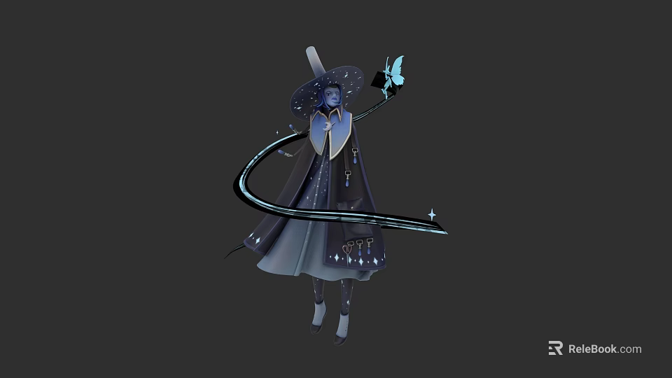 Woman In Dark Robe And Pointed Hat Holding Butterfly And Magic Staff 3d model 