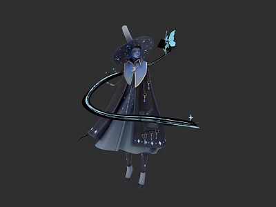 Woman In Dark Robe And Pointed Hat Holding Butterfly And Magic Staff 3d model