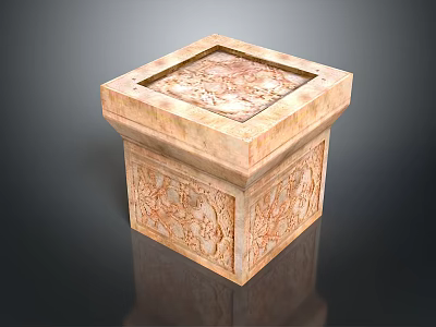 Square Light Brown Stone Box With Carved Patterns And Glossy Surface Reflection 3d model