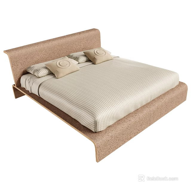 Double Bed With Brown Headboard Light Colored Sheet Striped Comforter And Round Decorative Pillows 3d model 