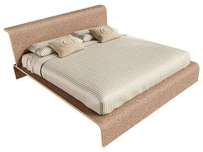 Double Bed With Brown Headboard Light Colored Sheet Striped Comforter And Round Decorative Pillows 3d model