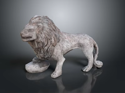 Standing Stone Lion Statue With Detailed Mane On Gray Background 3d model