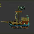Cute Pirate Ship Model With Skull Flag Brown Blue Hull And Cabin Lanterns