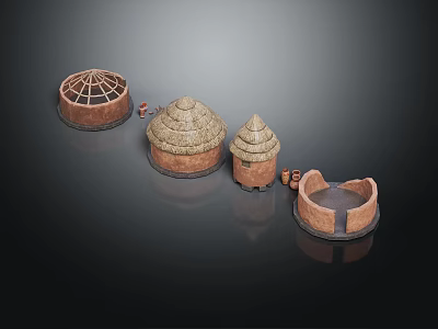 Traditional Thatched Houses Models With Dome Shaped Roofs And Brown Bases 3d model