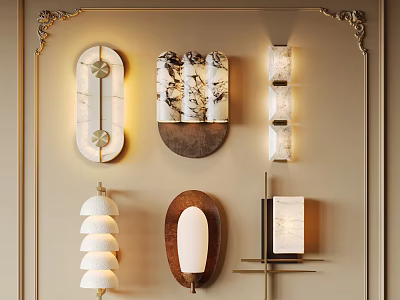 Various Styles of Wall Lamps with Marble Texture Layered Design and Golden Accents 3d model