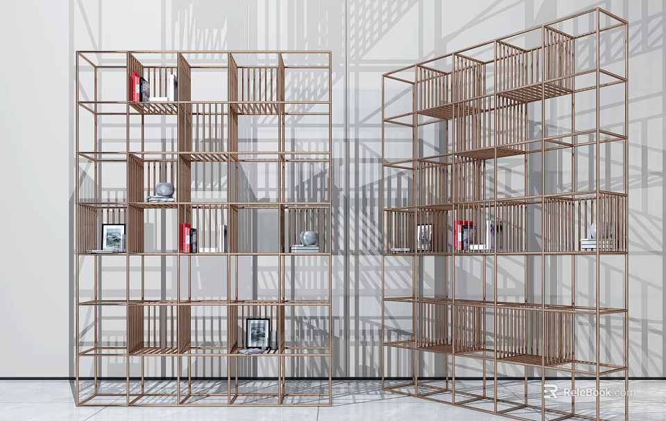 Modern Geometric Metal Frame Bookshelf With Multiple Shelves And Decorative Items 3d model 
