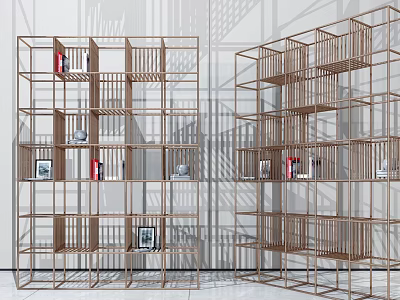 Modern Geometric Metal Frame Bookshelf With Multiple Shelves And Decorative Items 3d model