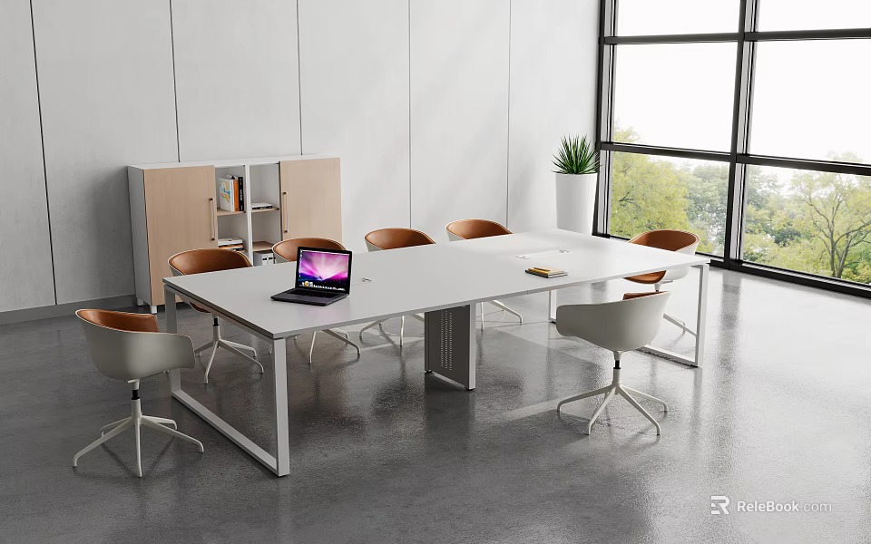 Modern Office Interior Conference Table With Laptop Chairs Window And Plant 3d model 