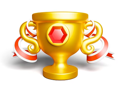 Shiny Gold Trophy With Decorative Handles And Red White Ribbons Featuring Red Hexagonal Gemstone Center 3d model