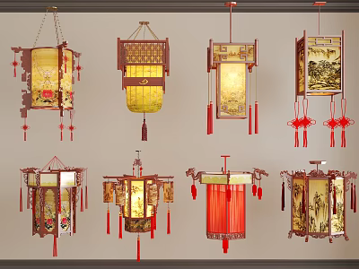 Traditional Chinese Lantern Style Chandeliers With Red Tassels And Intricate Patterns 3d model