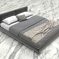 Gray Double Bed with Leather Frame Beige Bedding and Pillows on Marble Floor 3d model