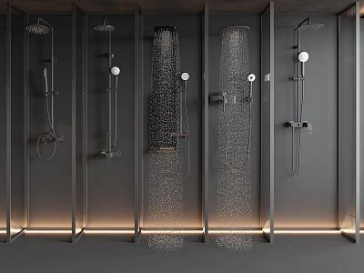Various Modern Shower Heads With Running Water On Gray Bathroom Wall 3d model