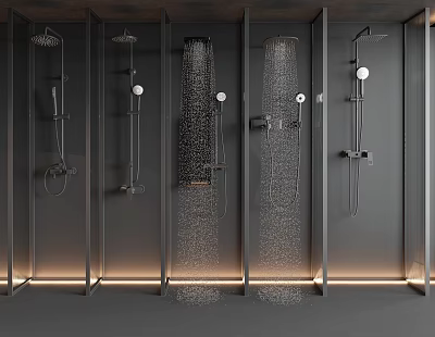 Various Modern Shower Heads With Running Water On Gray Bathroom Wall 3d model
