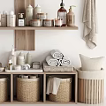 Daily Laundry Essentials On Wooden Shelves With Rolled Towels Aromatherapy Sticks And Storage Baskets