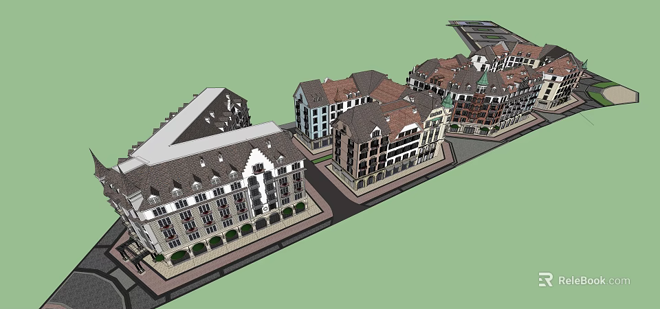 European Style Commercial Street With Multi Story Buildings And Retail Shops 3d model 