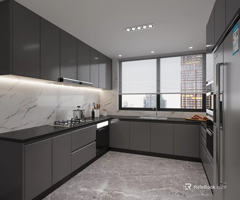 Modern Kitchen Interior With Dark Cabinets Marble Countertop Blinds And Appliances 3d model 