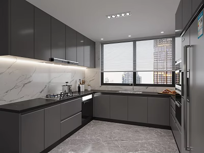 Modern Kitchen Interior With Dark Cabinets Marble Countertop Blinds And Appliances 3d model