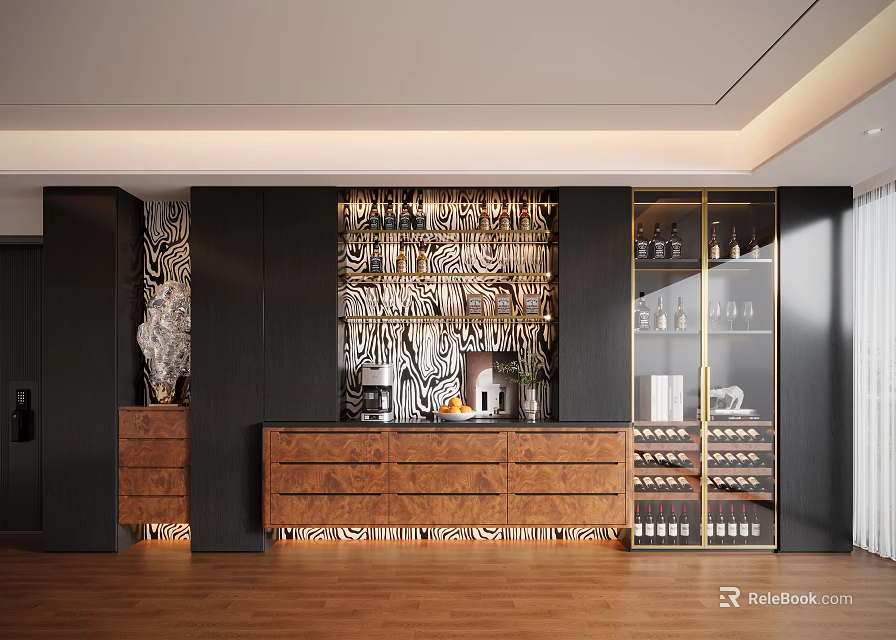 Modern Decorative Cabinet With Wooden Structure Glass Doors And Wine Display Shelves 3d model 