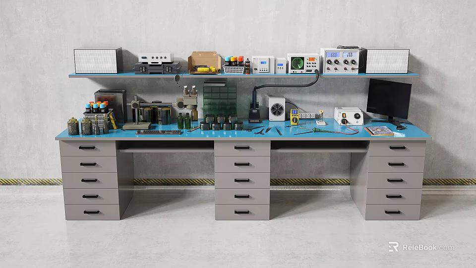 Functional Workbench With Multiple Drawers Tools Electronic Devices And Shelves 3d model 