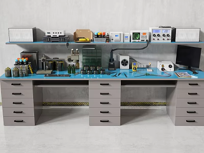 Functional Workbench With Multiple Drawers Tools Electronic Devices And Shelves 3d model