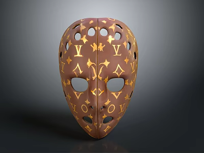 Ornamental Weapon Mask with Brown Base Featuring Intricate Gold Pattern and Eye Nose Holes 3d model