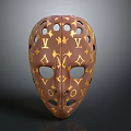 Ornamental Weapon Mask with Brown Base Featuring Intricate Gold Pattern and Eye Nose Holes