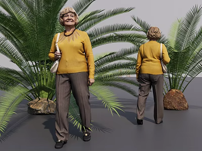 Woman in yellow sweater and brown pants with bag standing by large green palm trees 3d model