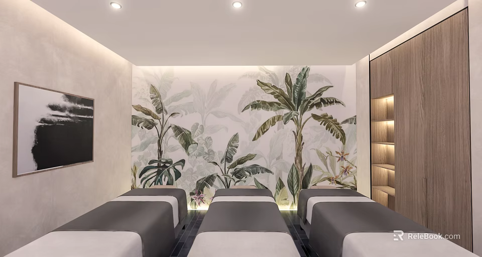 Tropical Plant Mural Spa Sauna Interior With Relaxing Massage Beds And Modern Design 3d model 