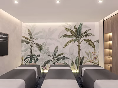 Tropical Plant Mural Spa Sauna Interior With Relaxing Massage Beds And Modern Design 3d model