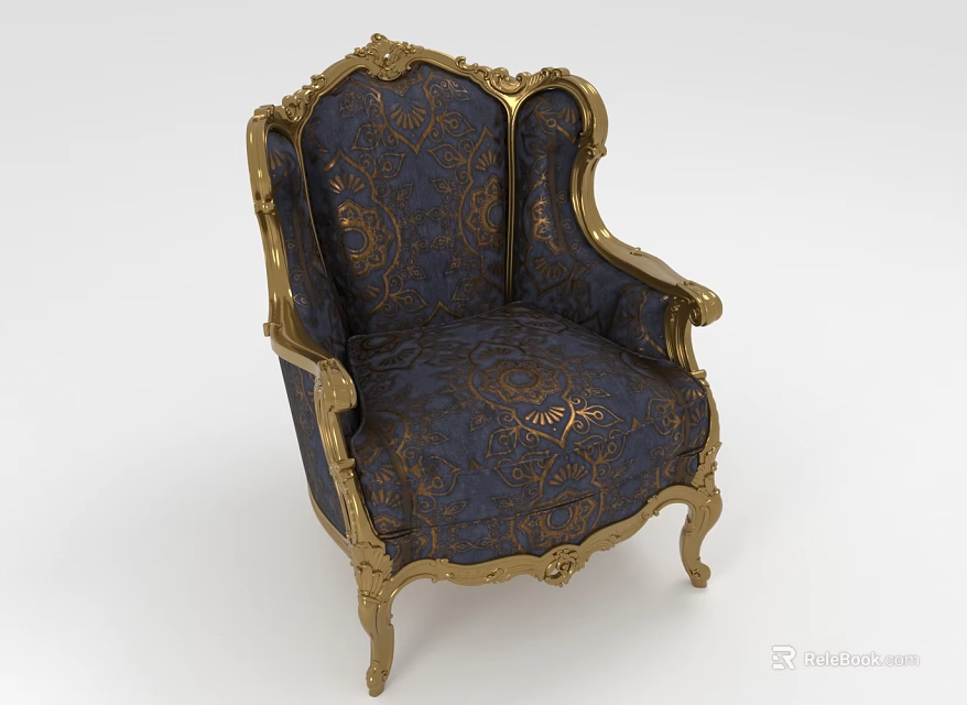 Elegant European Style Single Sofa With Golden Carvings And Dark Blue Patterned Fabric 3d model 