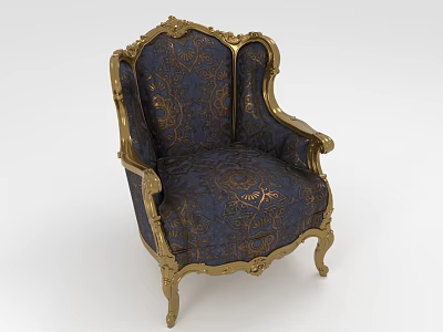 Elegant European Style Single Sofa With Golden Carvings And Dark Blue Patterned Fabric 3d model