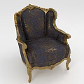 Elegant European Style Single Sofa With Golden Carvings And Dark Blue Patterned Fabric