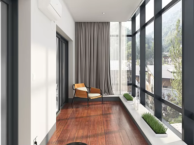 Modern Home Balcony With Large Windows Wooden Flooring Leisure Chair Curtains And Green Plants 3d model