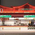 Traditional Chinese Style Restaurant Exterior With Red Roof Green Awning And Food Display Counter